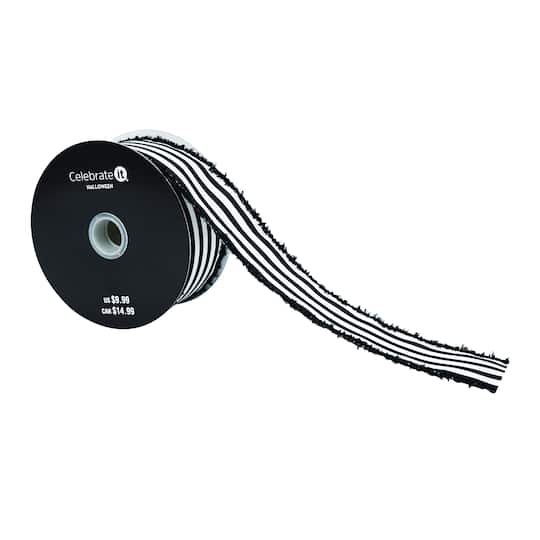 1.5" x 10yd. Black & White Stripes Fringe Wired Taffeta Ribbon by Celebrate It®